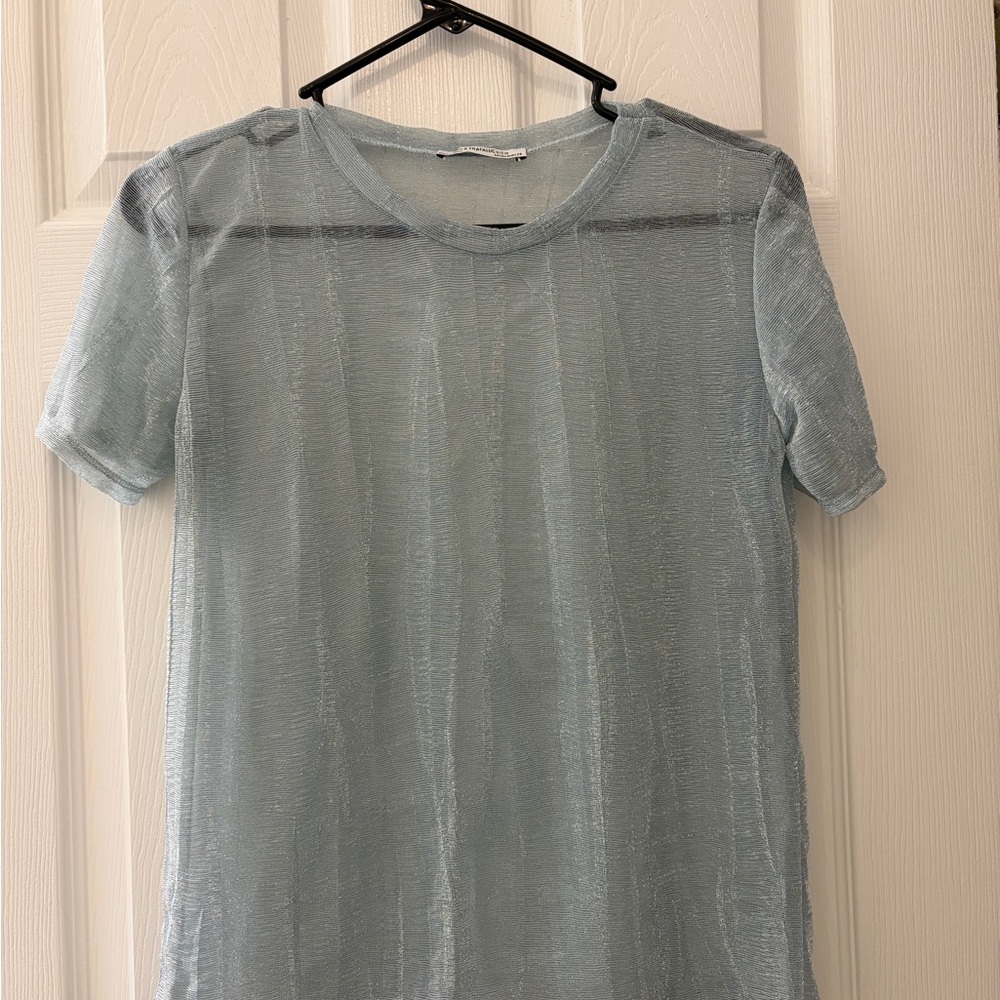 EUC Zara Sheer Light Blue sparkling Short Sleeve Top Small